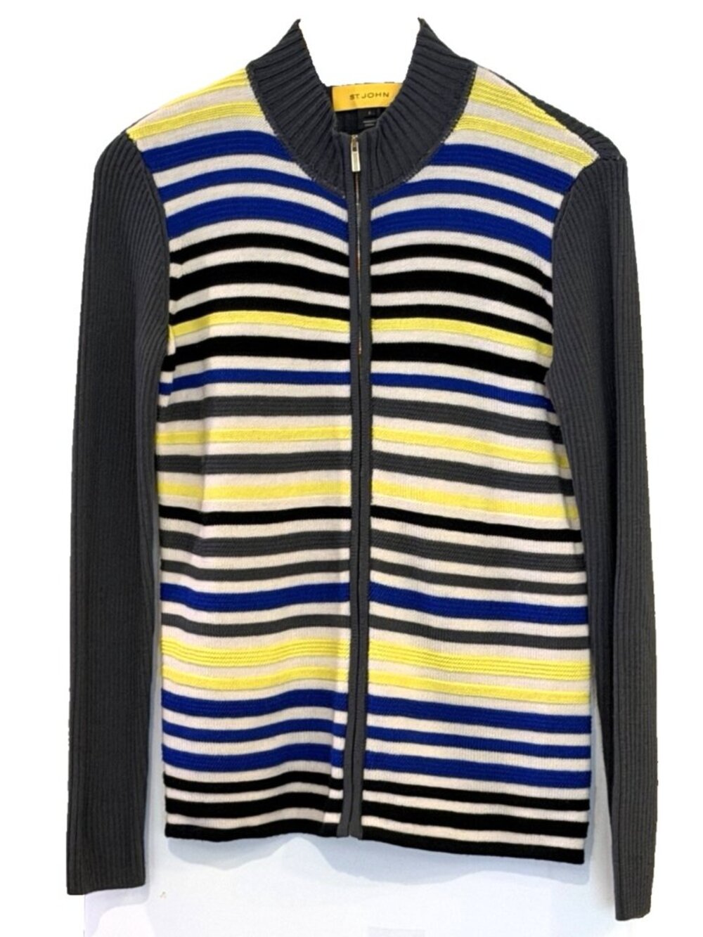 St. John Gray Multi Color Striped 100% Wool Ribbed Zip Front Sweater Size Medium